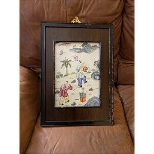 Chinese Antique Famille Rose Framed Porcelain Plaque CHILDREN PLAYING 15 X 21”